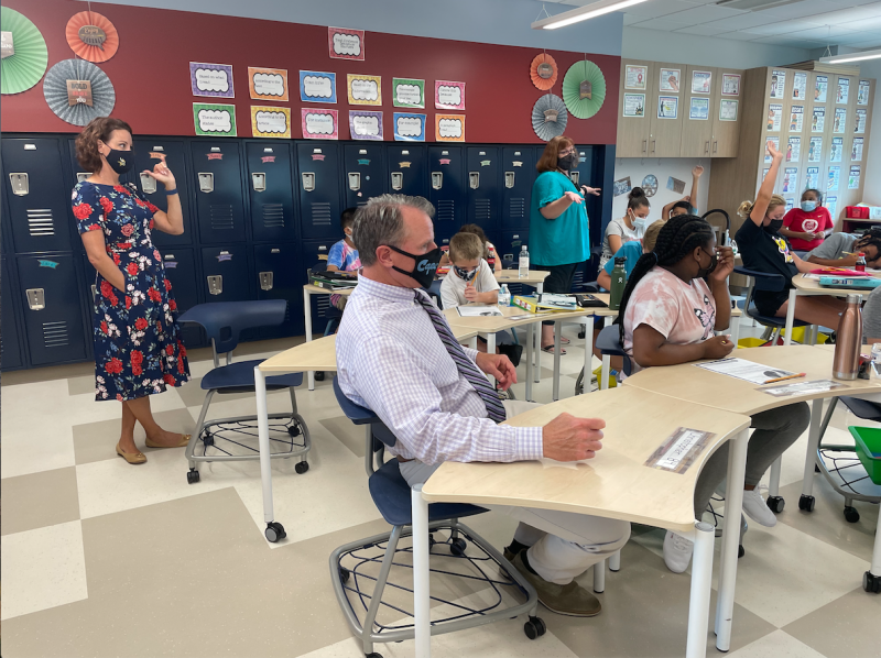 Board of Education President Alison Myers and Superintendent Bob Fulton pop into Ms. Wendy Coverdale’s fifth grade class for a quick lesson. SUBMITTED PHOTO